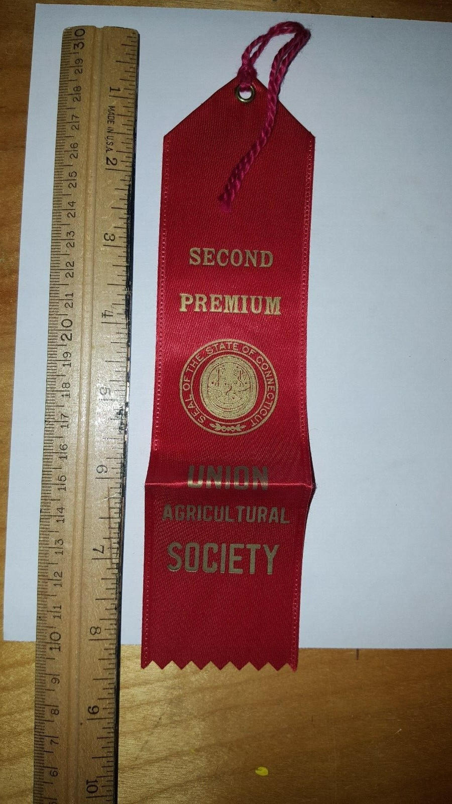 VINTAGE CONNECTICUT RIBBON Union Agricultural Society SECOND PREMIUM