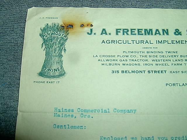 1923 EHPEMERA J.A. FREEMAN & SON AGRICULTURAL IMPLEMENTS PORTLAND 1923