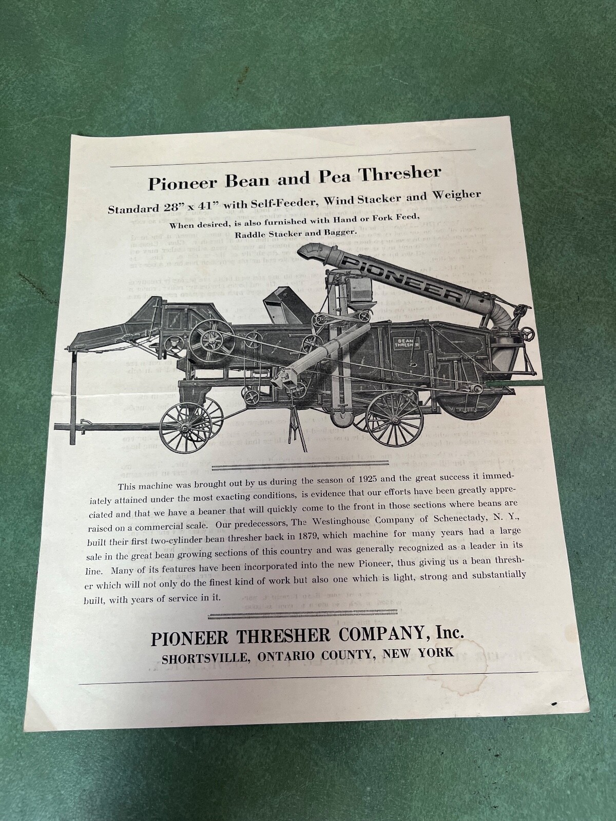 Original Pioneer Thresher Single Page Brochure