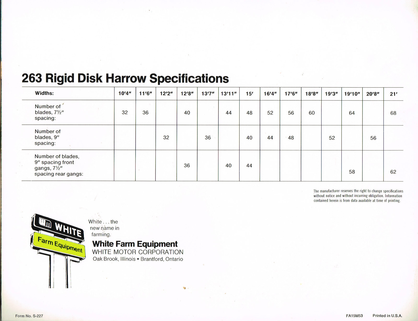 WHITE Agricultural 263 Rigid Disk Harrow Brochure / Catalog / Ad