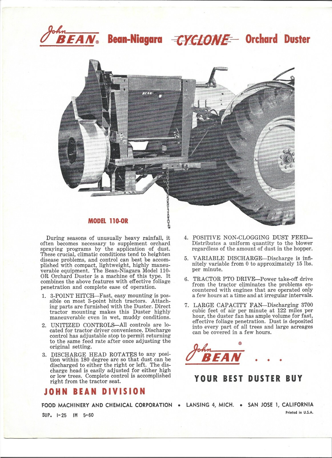Original OEM John Bean 110-08 Cyclone Orchard Duster Sales Brochure Spec Sheet