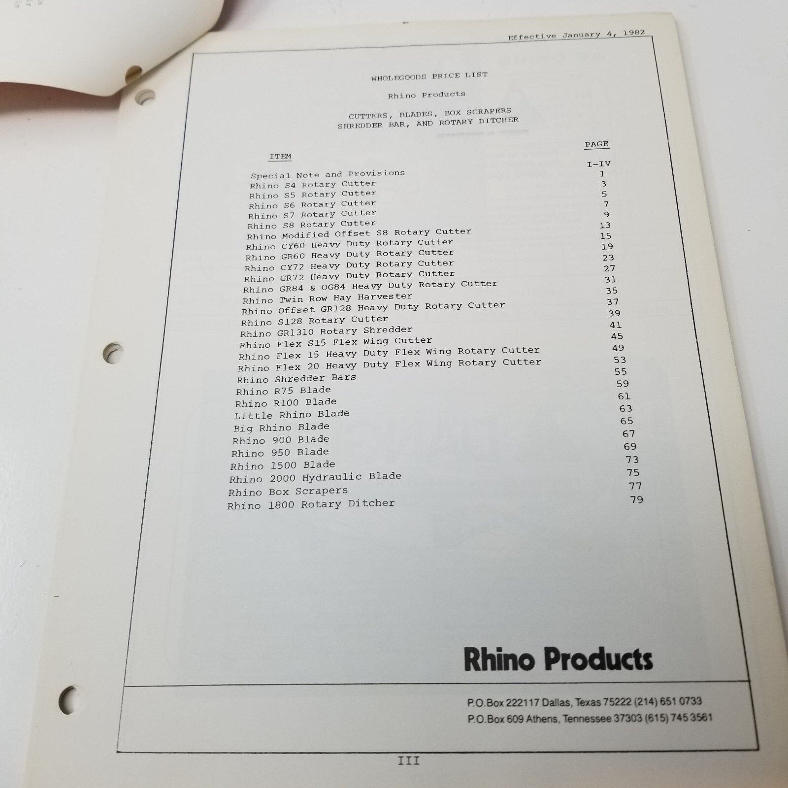 Rhino Mowers Cutters Shredders 1982 Price List Dallas Texas Photos Specs