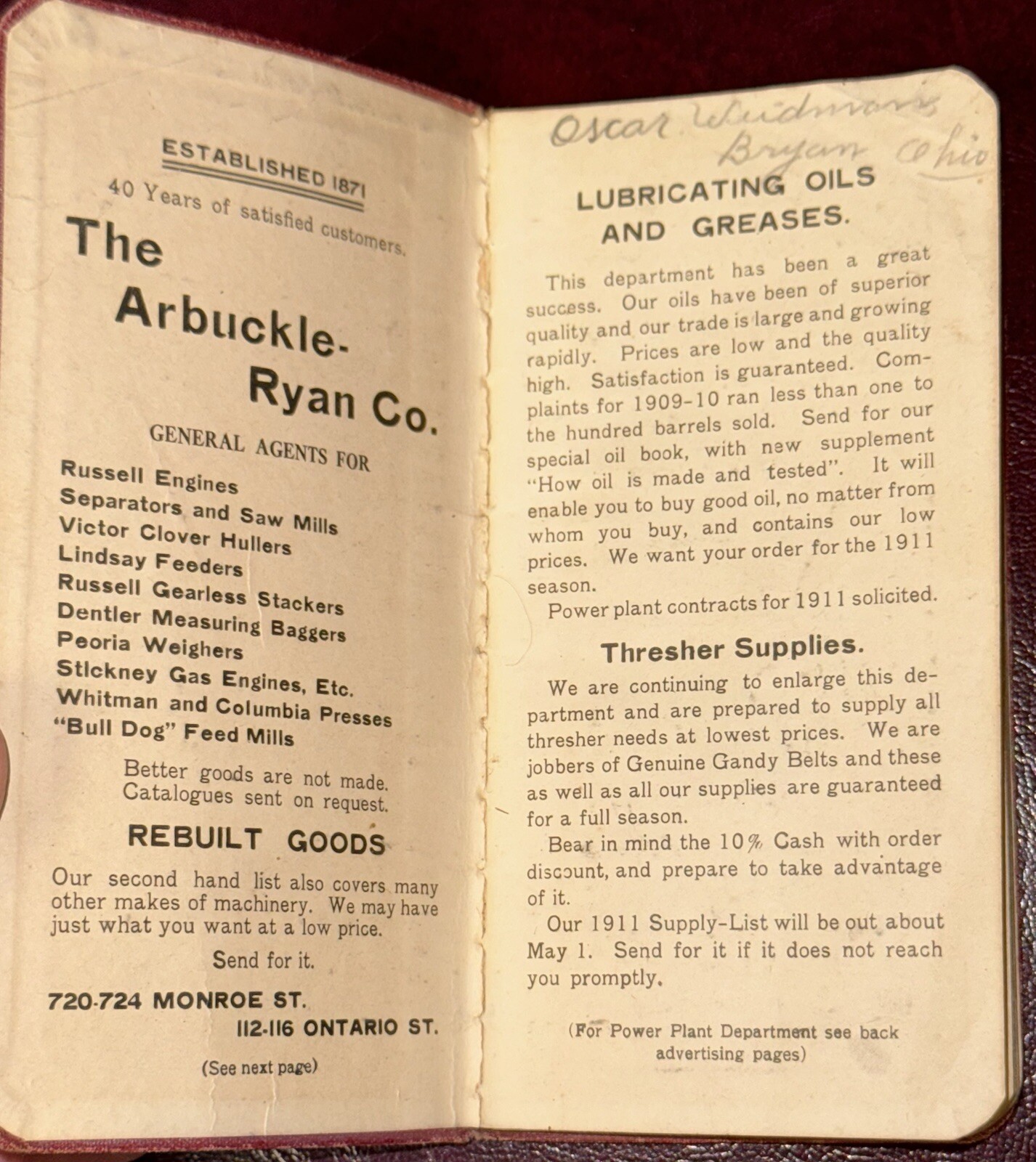 1911 The Arbuckle Ryan Co. Pocket Notebook 5.75” X 2.75”