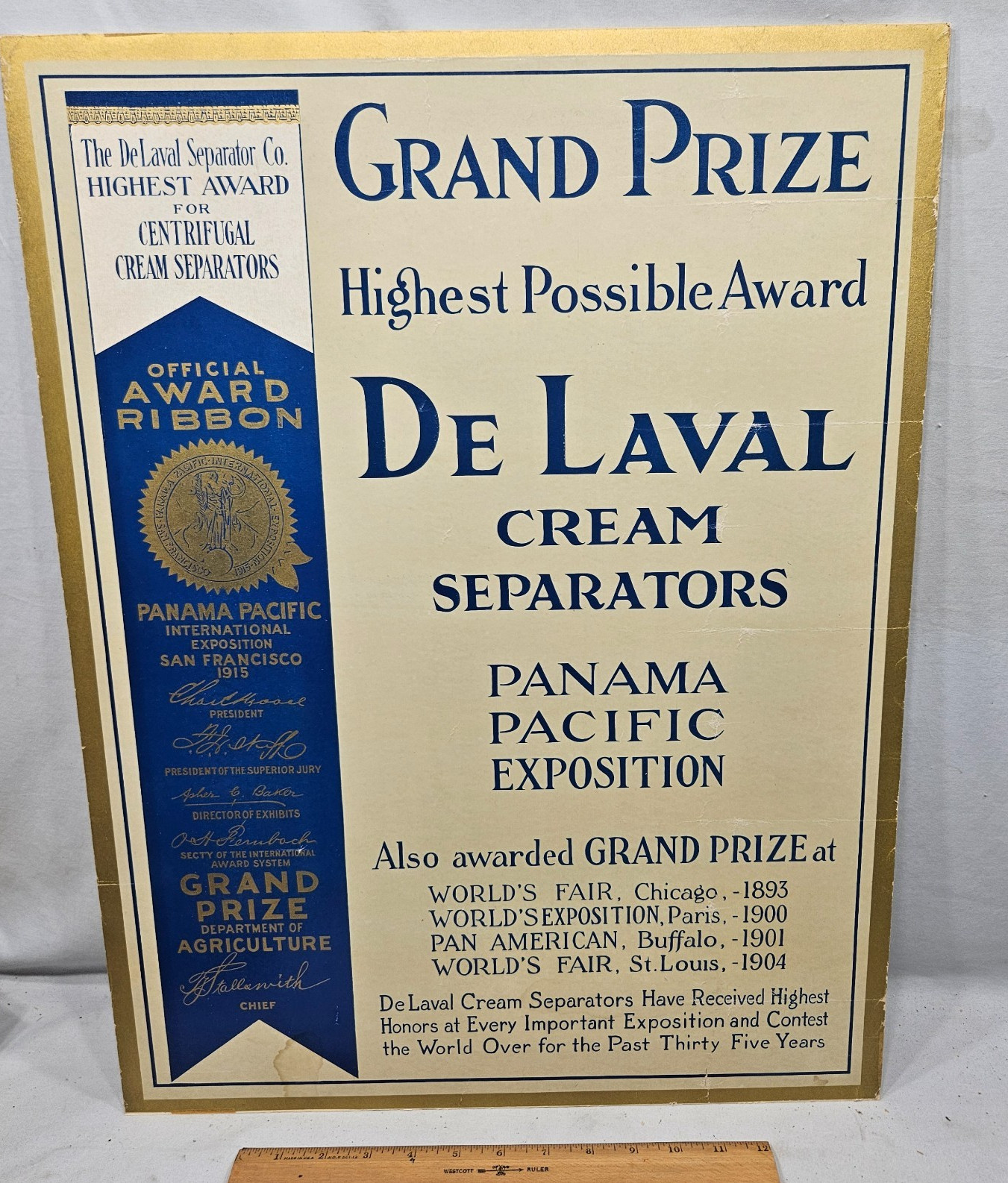 RARE Unknown 1915 Panama Pacific Expo Grand Prize Poster DeLaval Cream Separator