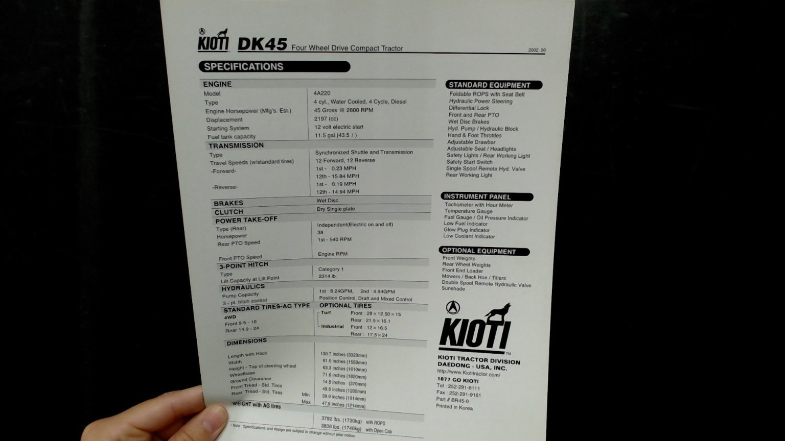 Kioti DK45 45HP Tractor Brochure 2002 Four Wheel Drive Compact