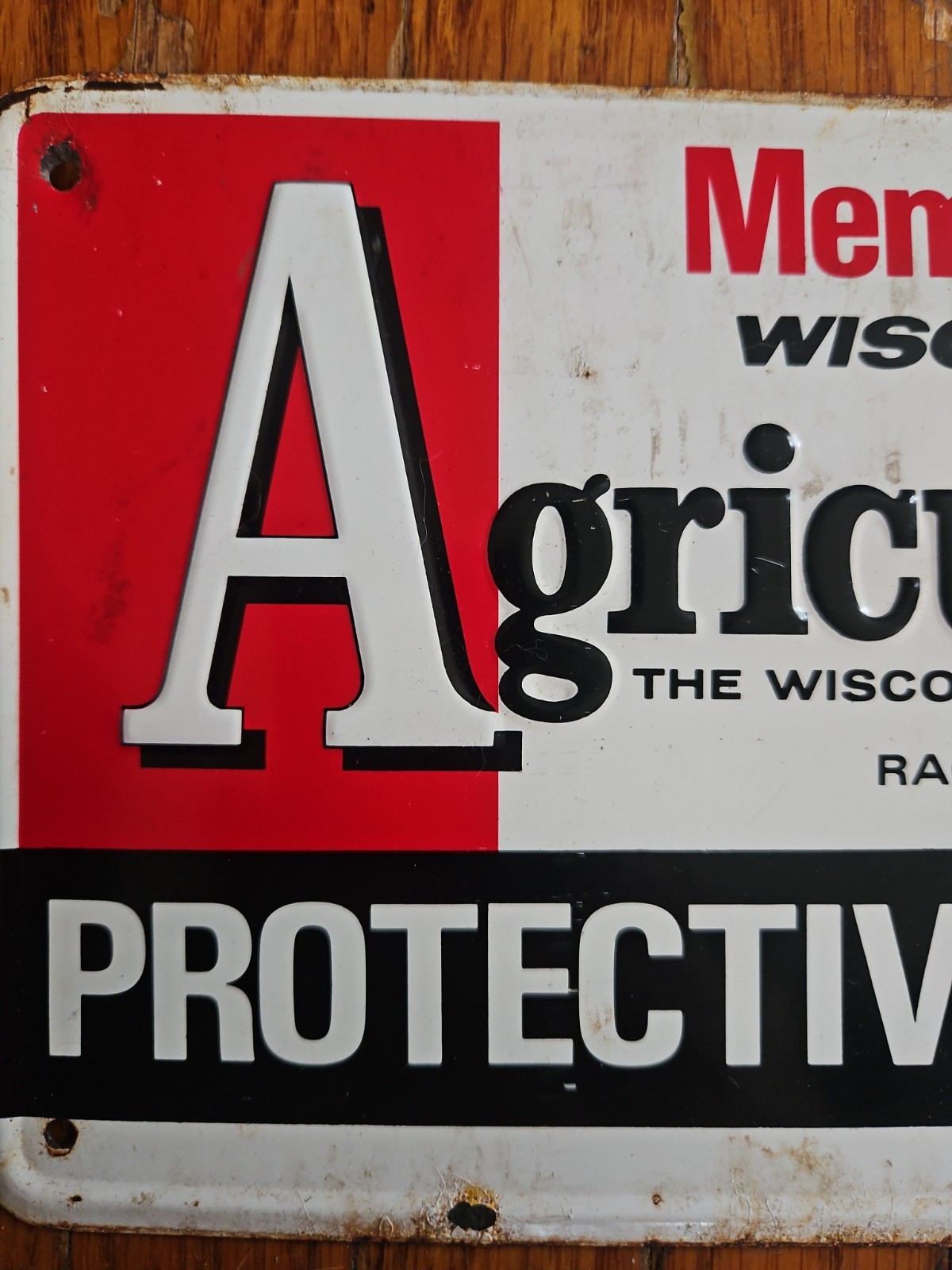 Vintage Wisconsin Agriculturist Farm Protective Service Tin Sign Racine Member