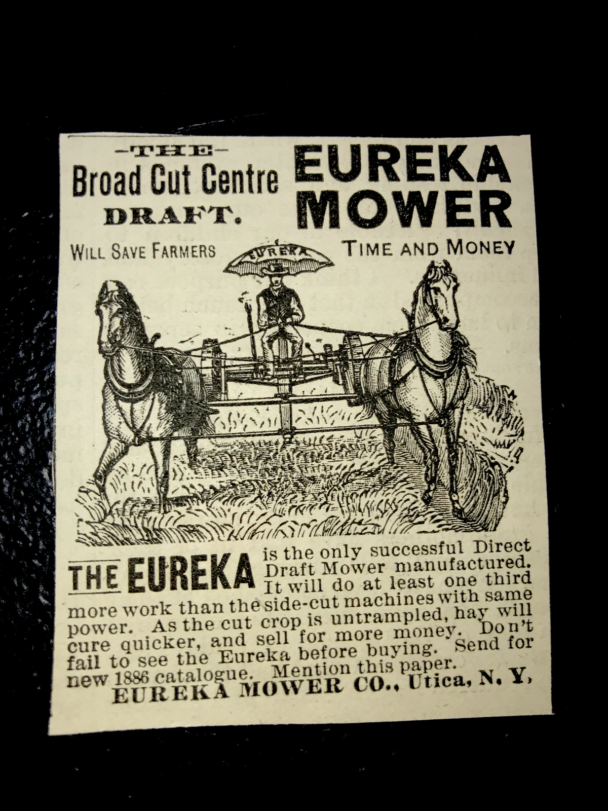 1886 Eureka Mower Co. Farm Advertising – Utica – New York