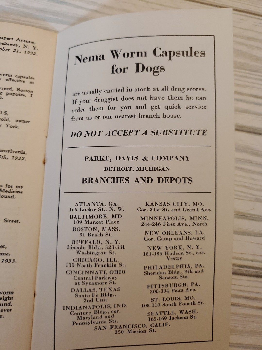 1927 NEMA Worm Capsules Prevention of Dog Diseases Parke Davis & Co. Brochure