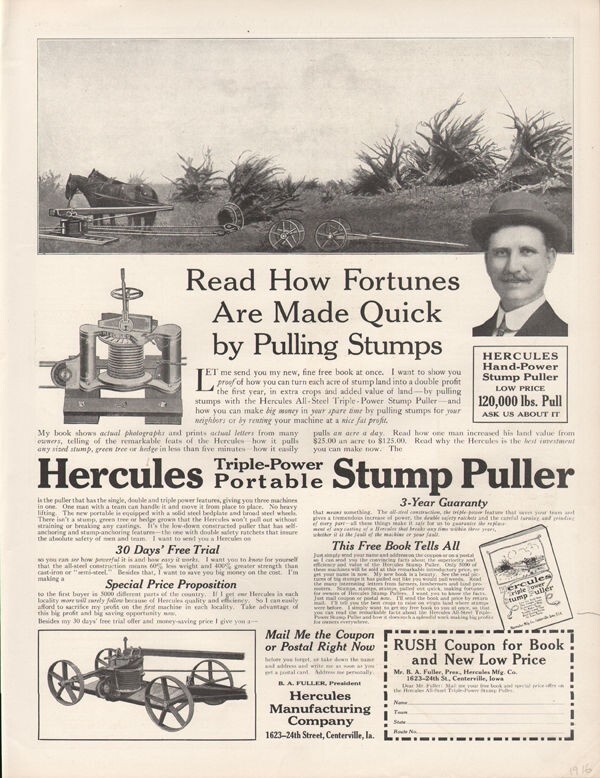 1916 HERCULES STUMP PULLER LUMBER HORSE PLOW TREE LOGGING FOREST FULLER 19116