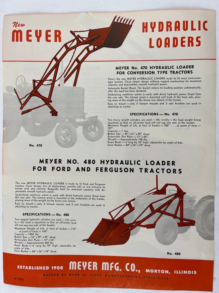 3 Meyer Mfg Co Hydraulic Loaders Farm Tractors Ad Sheets & Letter Morton 1954