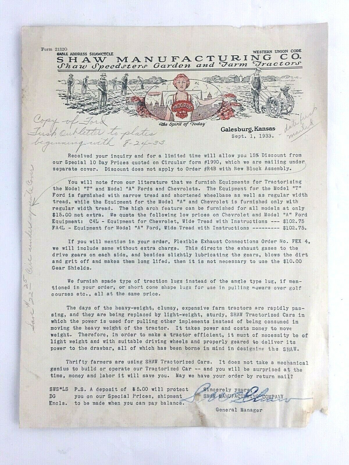 1933 Shaw Manufacturing Co Signed Advertising Brochure Converting Model T Ford