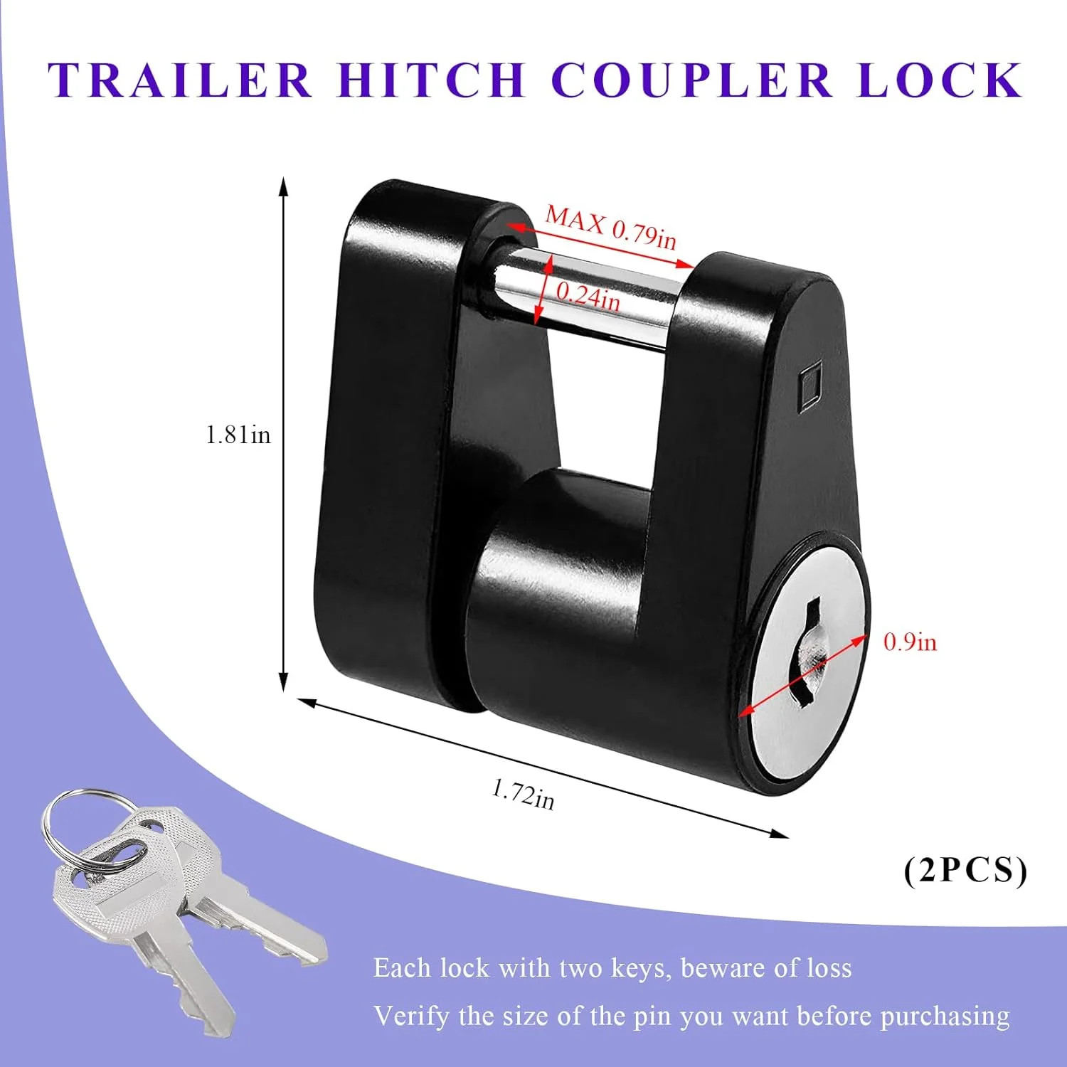 2 PCS Trailer Hitch Coupler Lock, Dia 1/4 Inch 3/4 Inch Span Trailer Hitch 2pcs