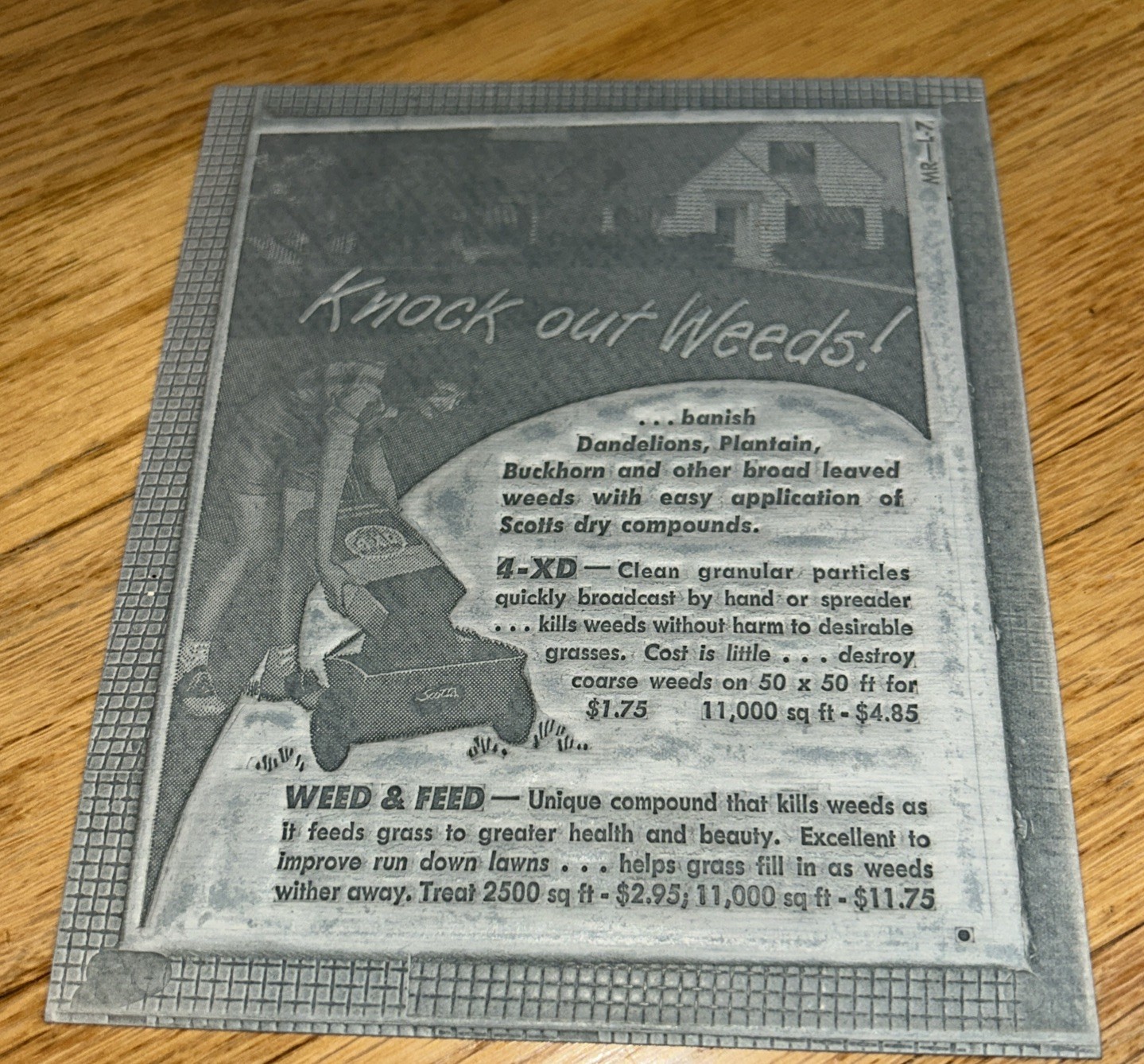 1940s O.M SCOTT & SONS Newspaper Mat & Layout Ad KNOCK OUT WEEDS Marysville OHIO