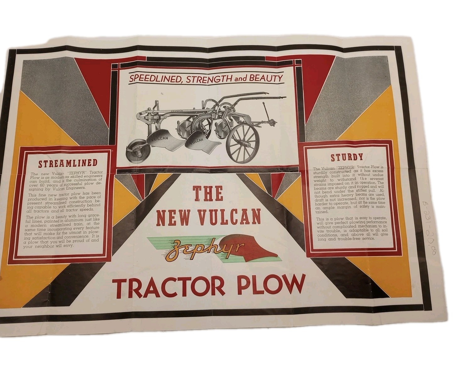 Vtg 1939 Vulcan Zephyr Tractor Plow Fold Out Color Poster Brochure Mansfield Oh