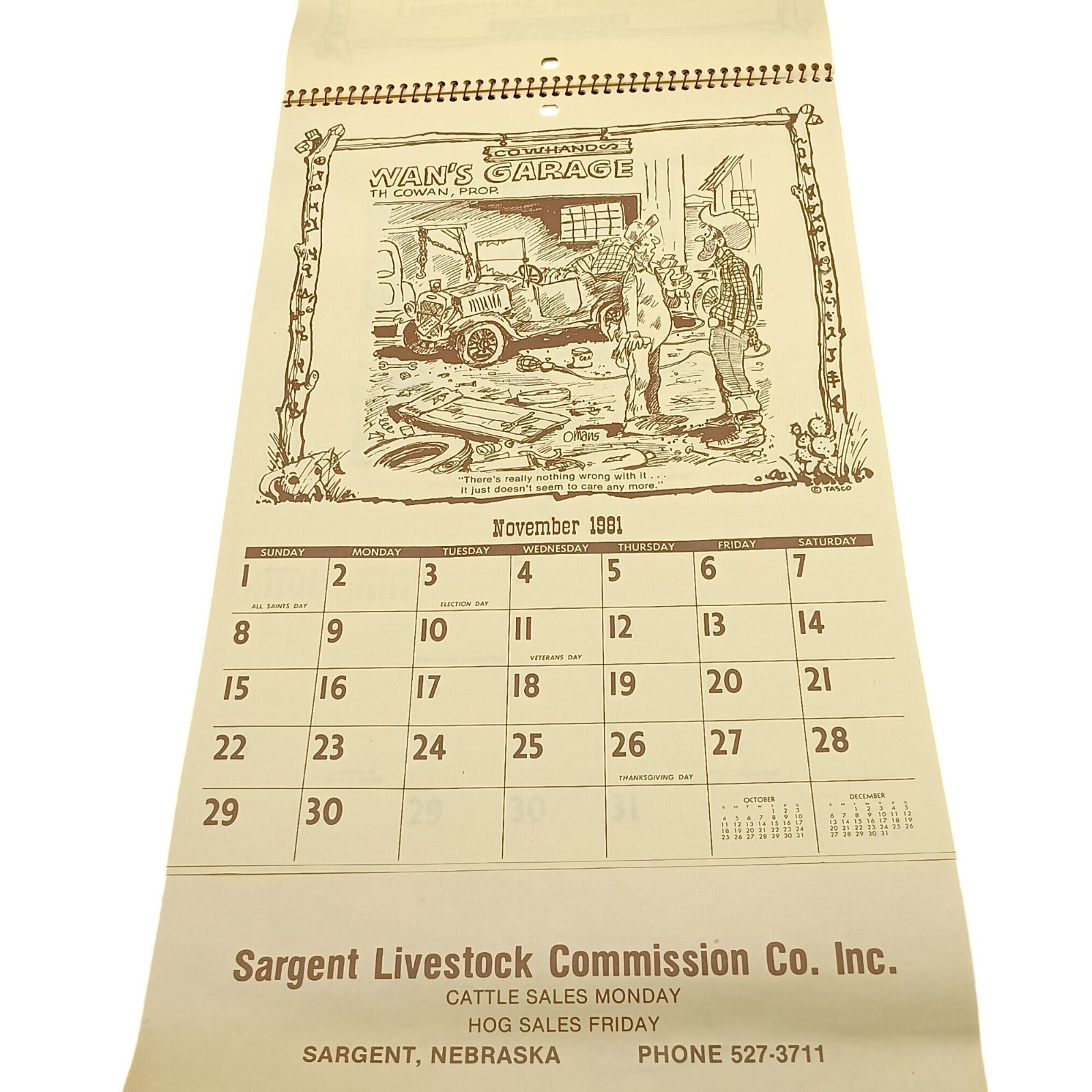 Vintage 1981 Sargent Livestock Commission Co. Inc. Illustrated Calendar With Cow