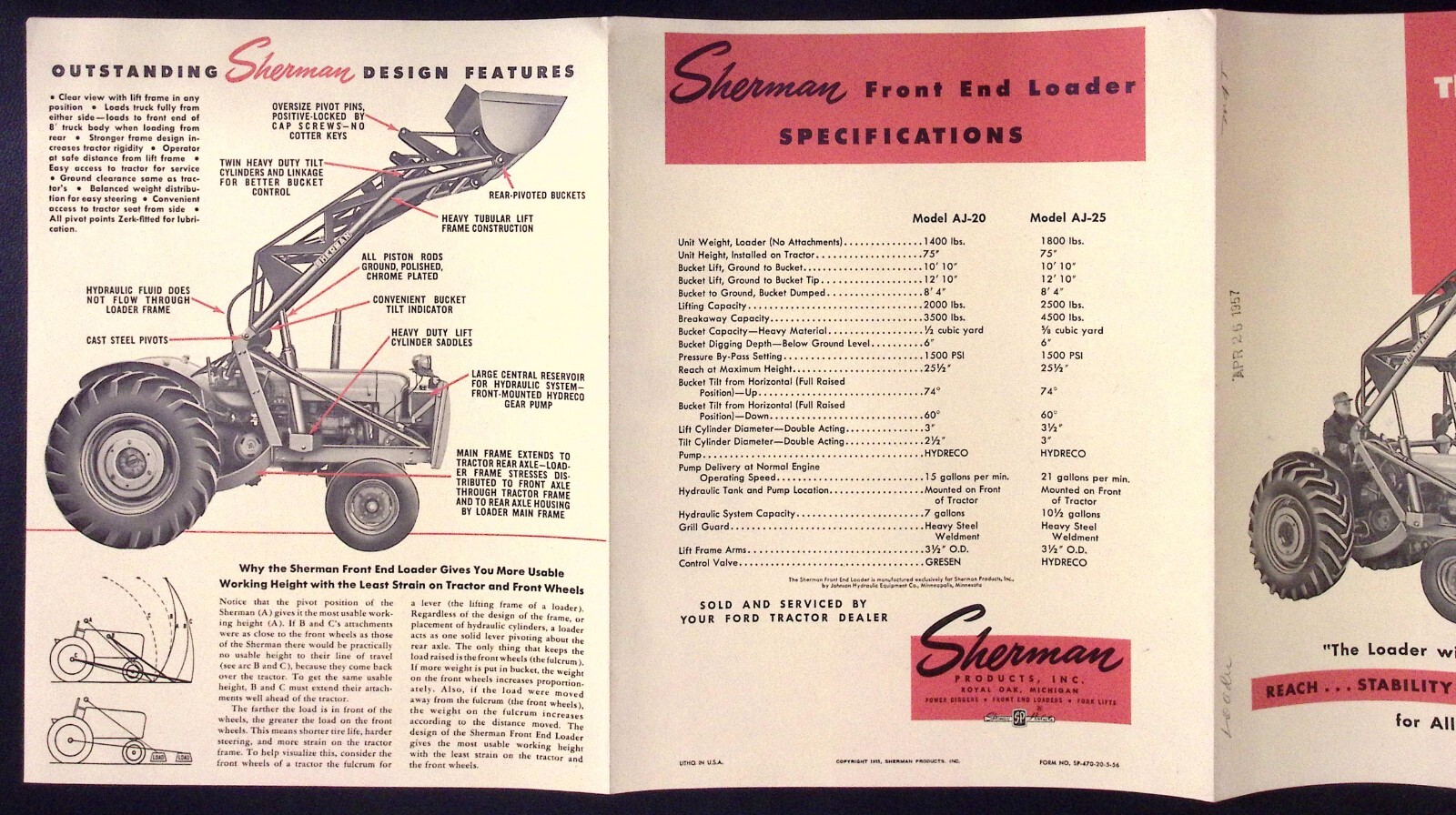 1957 Sherman Front End Loader Fold Out Dealer Sales Brochure Royal Oaks MI