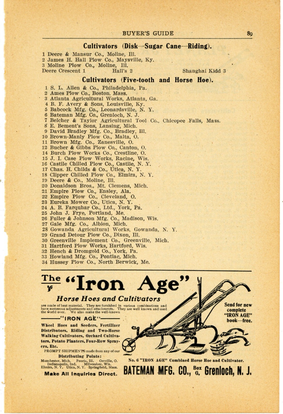 1905 Bateman Mfg. Co. Ad: Iron Age Cultivators & Horse Hoes. Grenloch New Jersey