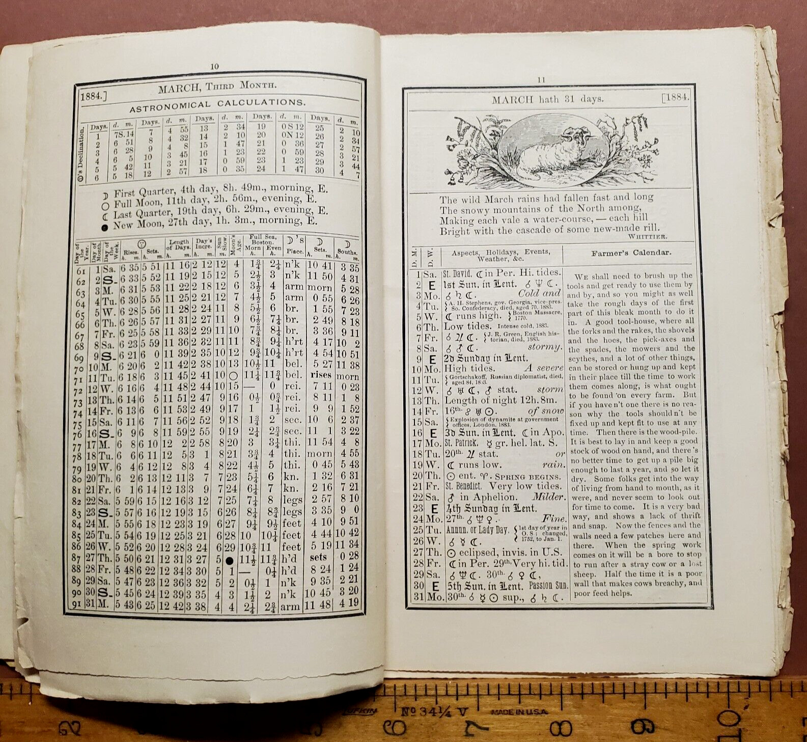 1884 Old Farmers Almanac Astronomical Calculations Farm Calendar Ads No 92