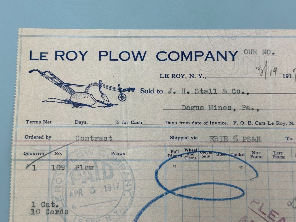 1917 LE ROY PLOW New York FARM Illustrated Invoice Billhead Antique ADVERTISING