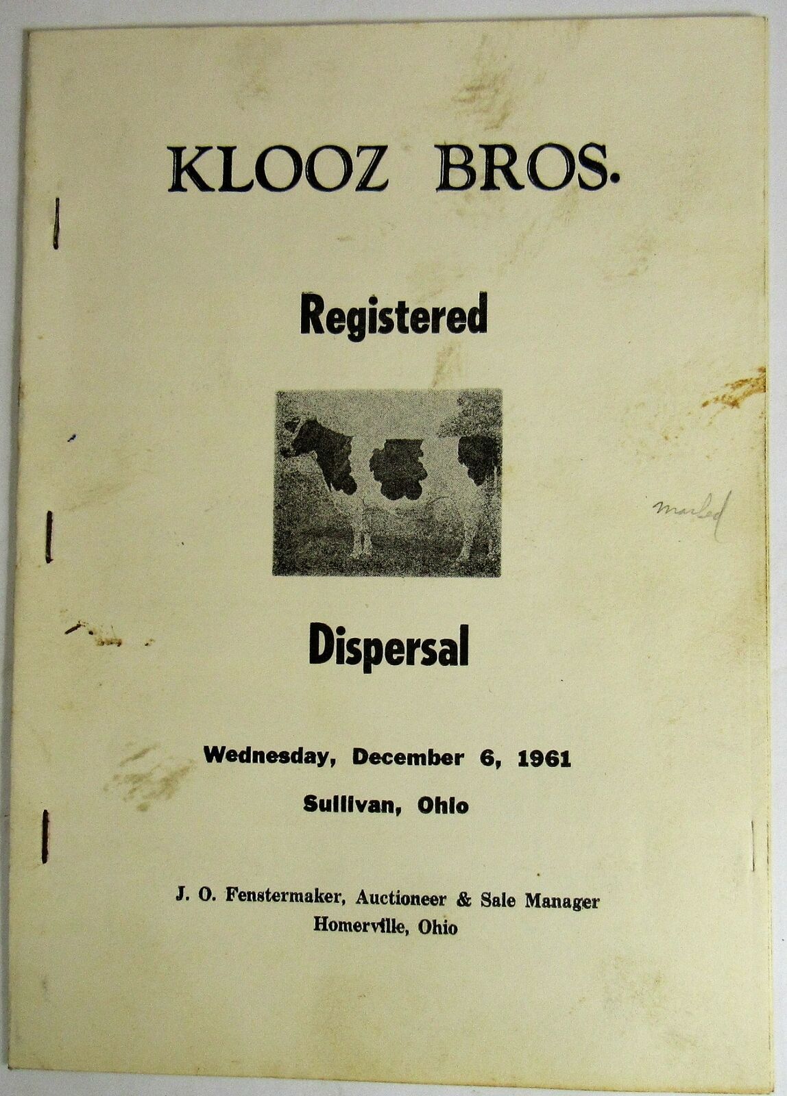 1961 Klooz Bros. Registered Holstein Dispersal Sullivan Ohio Auction Program VTG