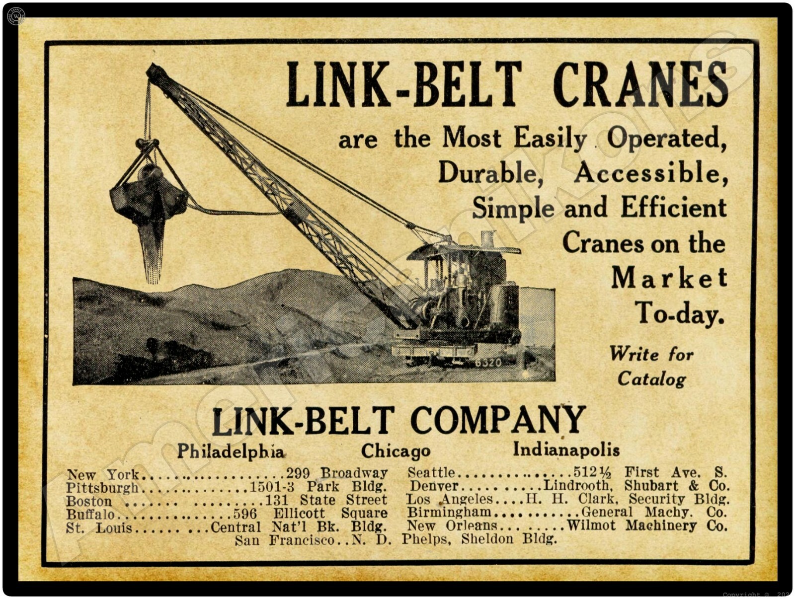 1913 Link-Belt Cranes New Metal Sign: Most Easily Operated & Durable Cranes