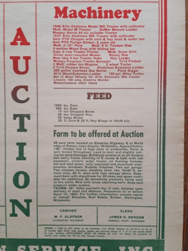1963 Agnes Garvey Farm Auction Poster Rewey WI Wisconsin Dairy Cattle & Equip