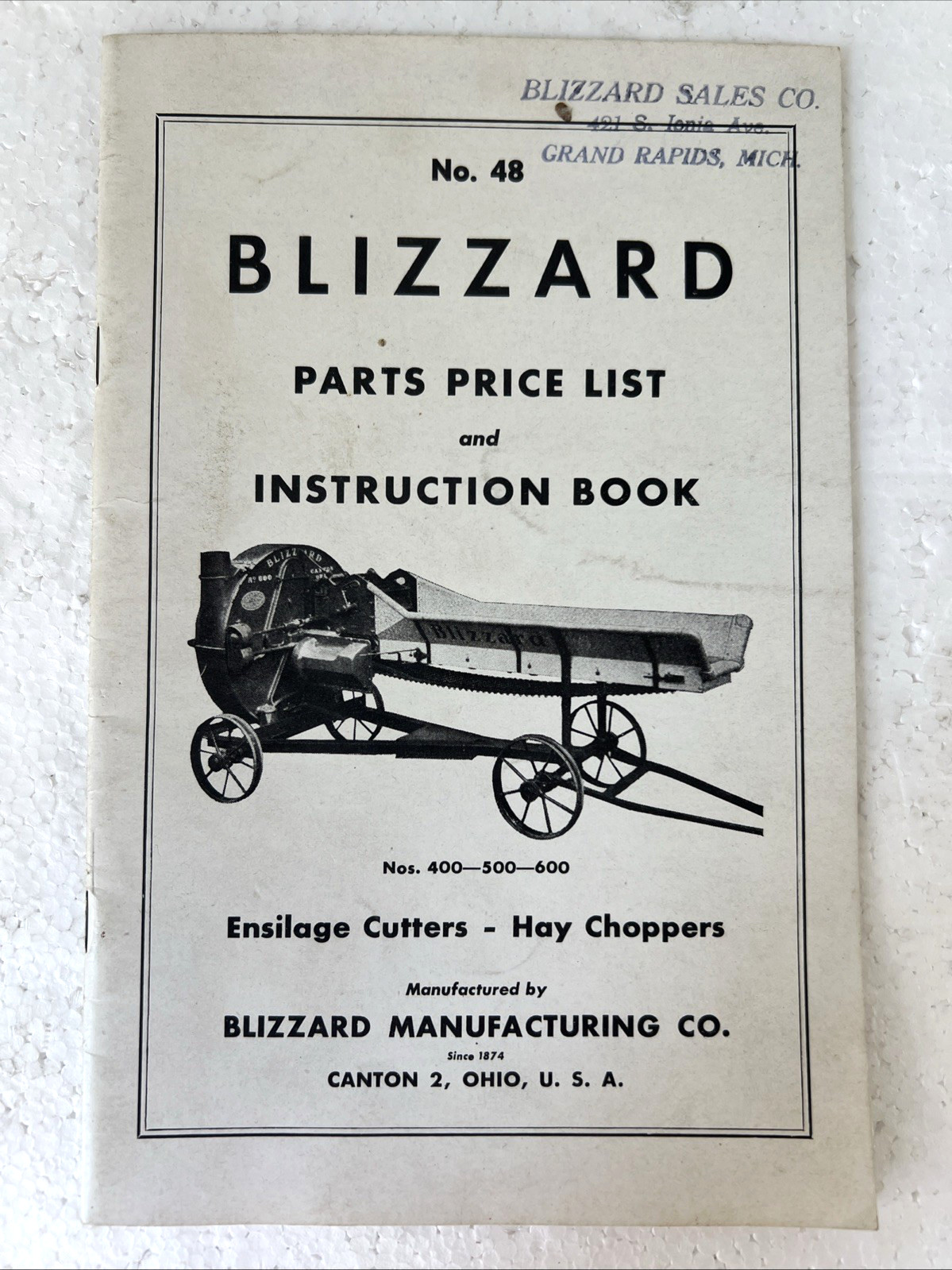 No. 48 Blizzard Manufacturing Hay Choppers Parts Price List & Instruction Book
