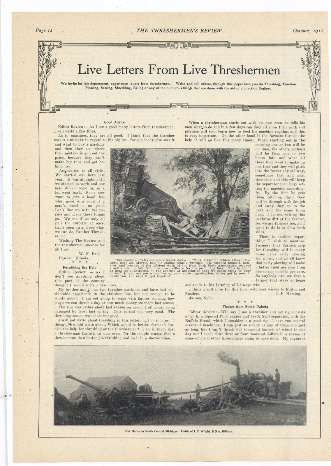 1911 Pic & Caption: Port Huron Threshing Outfit of J.E. Wright, Hillman Michigan
