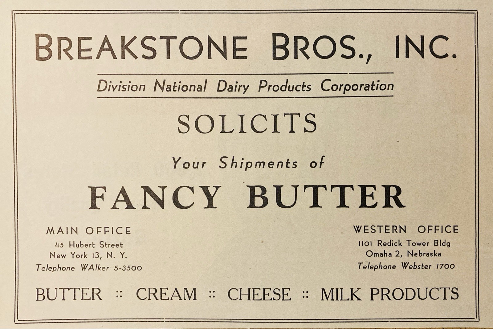 1946 AD.(XH85)~BREAKSTONE BROS. HUBERT ST. NYC. BUTTER & CREAM SHIPPING