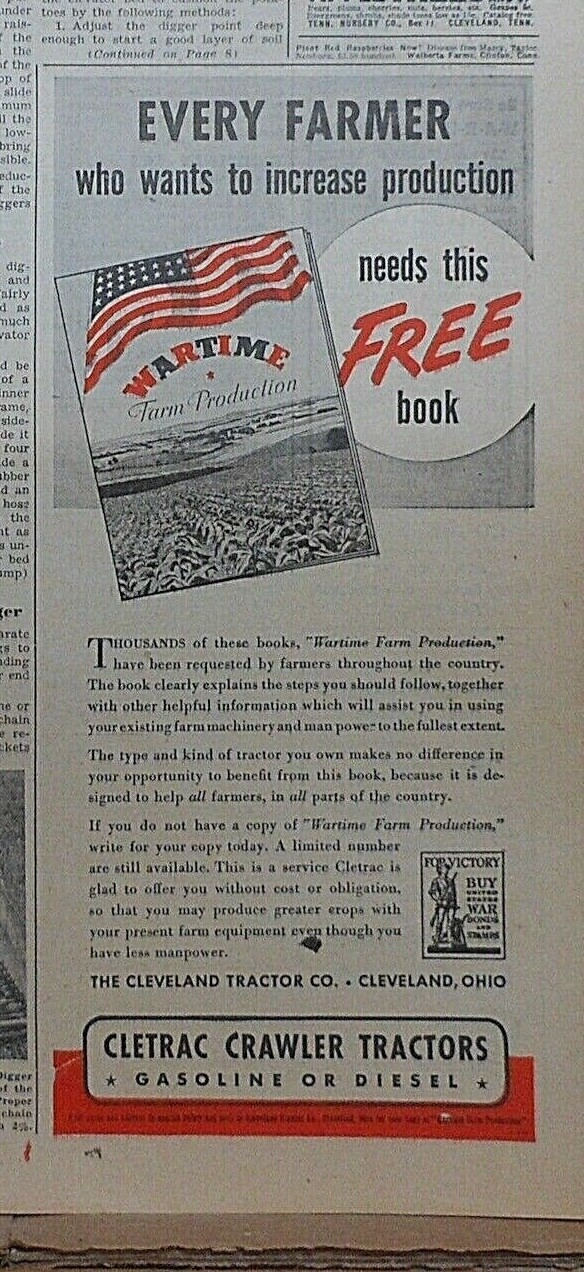 1943 magazine ad for Cletrac Crawler Tractors – Wartime Farm Production giveaway