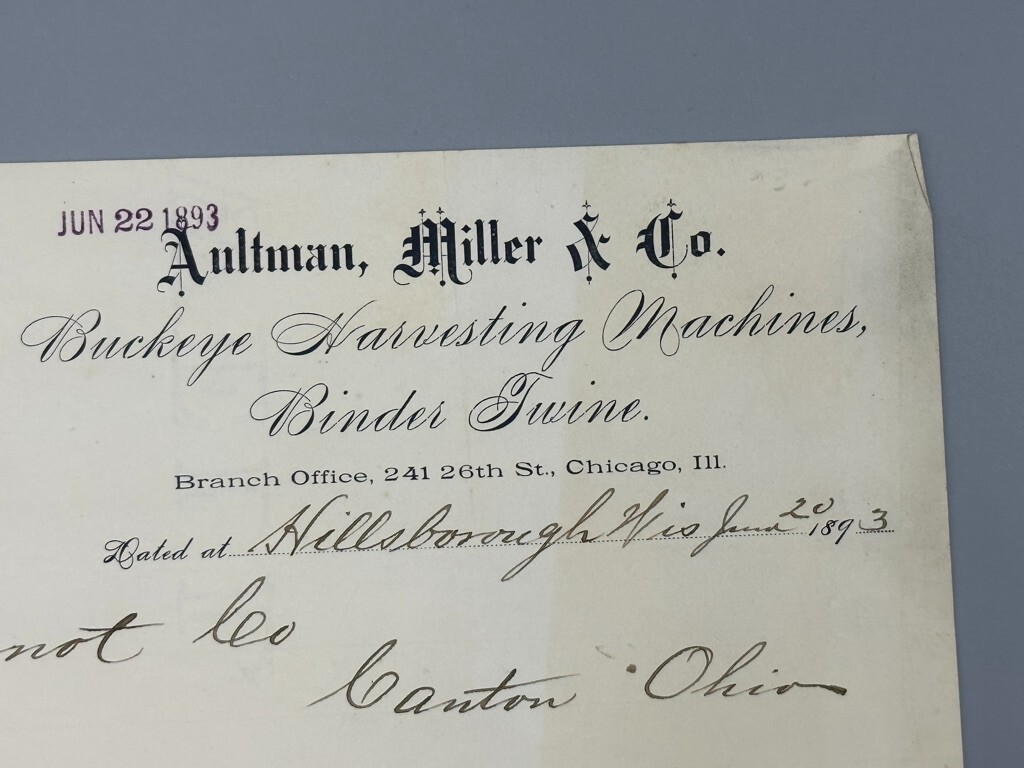 1893 Aultman Miller BUCKEYE HARVESTING MACHINE Antique FARM Advertising Letter