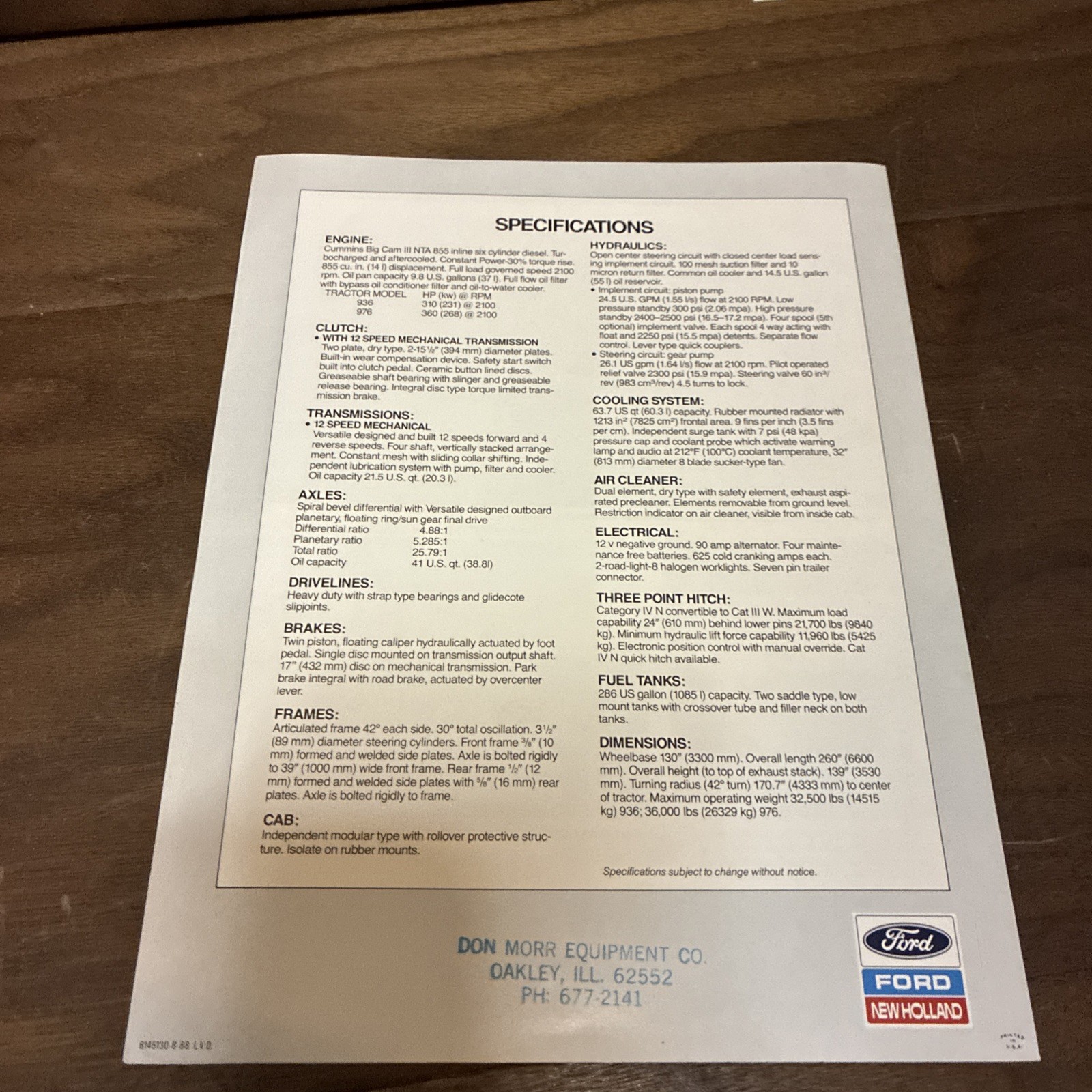 1987 versatile 936 + 976 4wd tractors 2 page brochure in good shape used