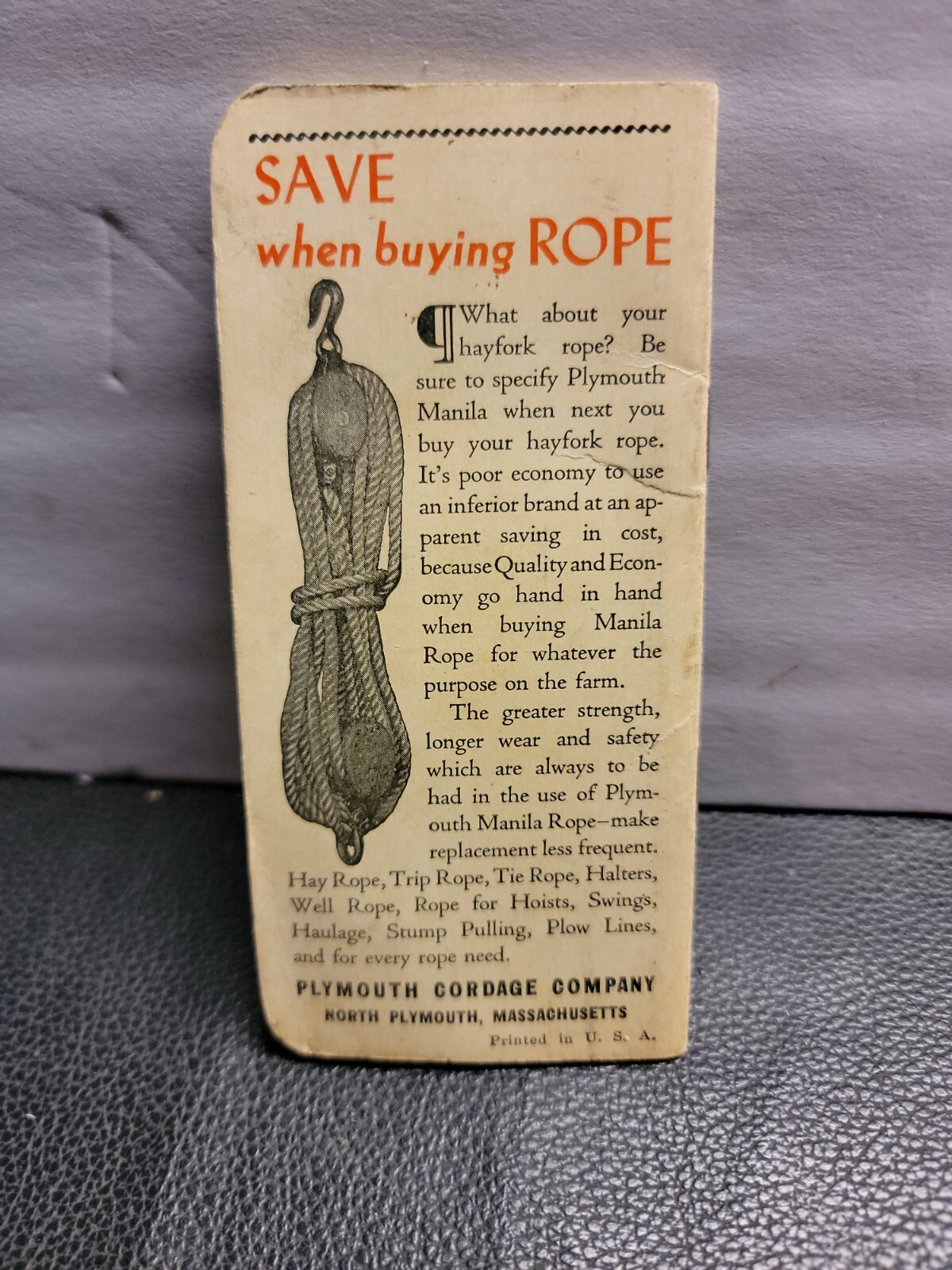 1941 – 1942 PLYMOUTH BINDER TWINE Note Pad / Calendar/ Farming
