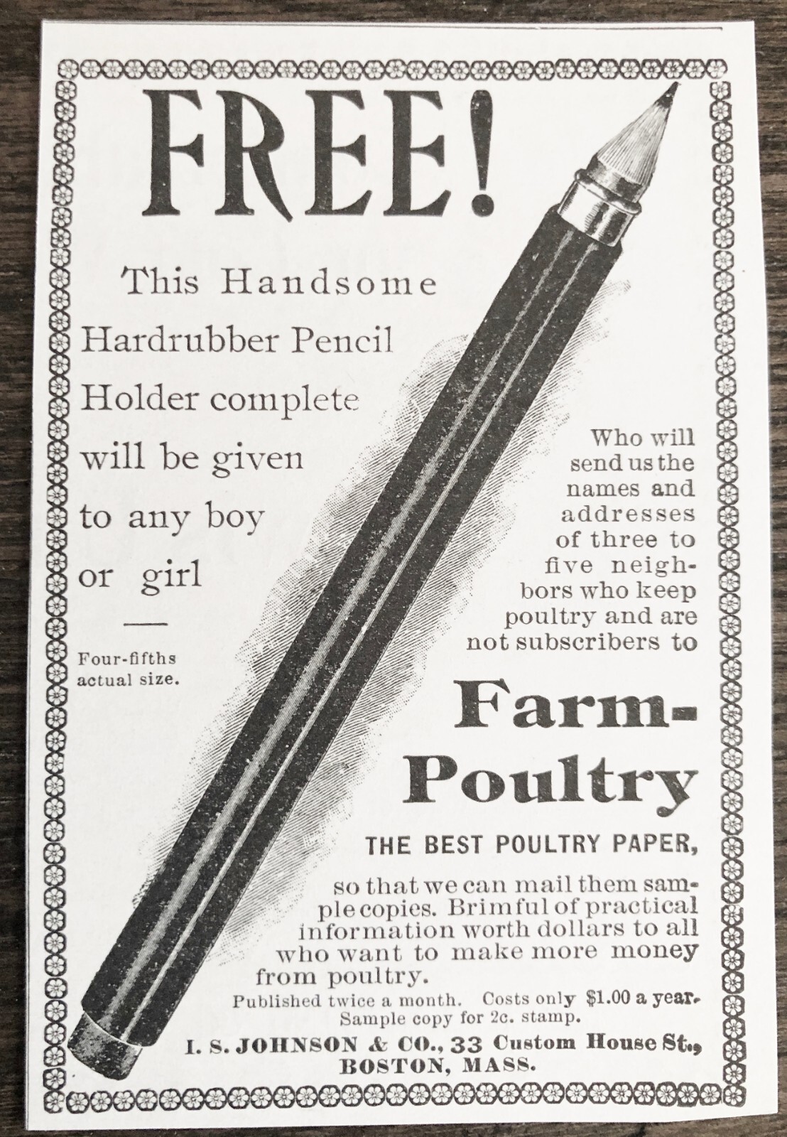 1897 FARM-POULTRY Print Ads~Vtg Magazine Subscription 4 Journal Raising Chickens