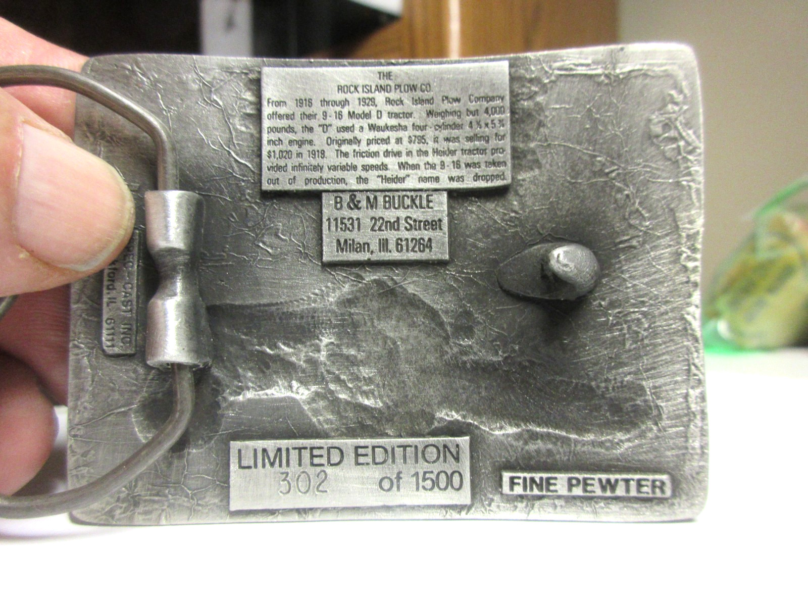 RARE vintage Heider D 9-16 tractor belt buckle Rock Island Plow Co, Pewter