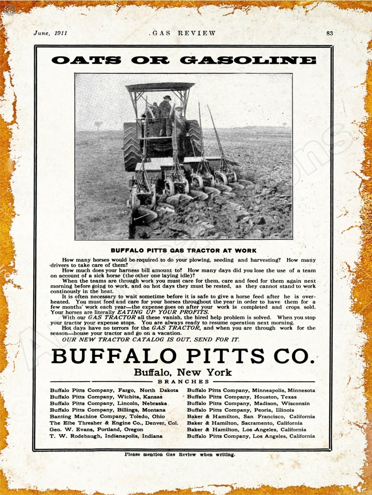 1911 Buffalo Pitts Triplex Gas Tractor New Metal Sign: Buffalo, New York