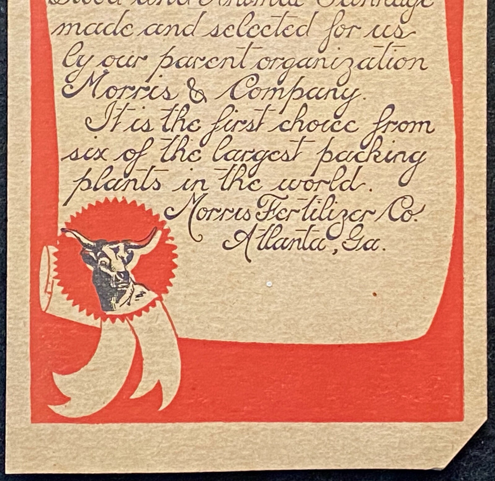 1910-20c *MORRIS FERTILIZER CO.* ATLANTA, GA. DENNISON&rsquo;S TAG+COW VIGNETTE! RARE!