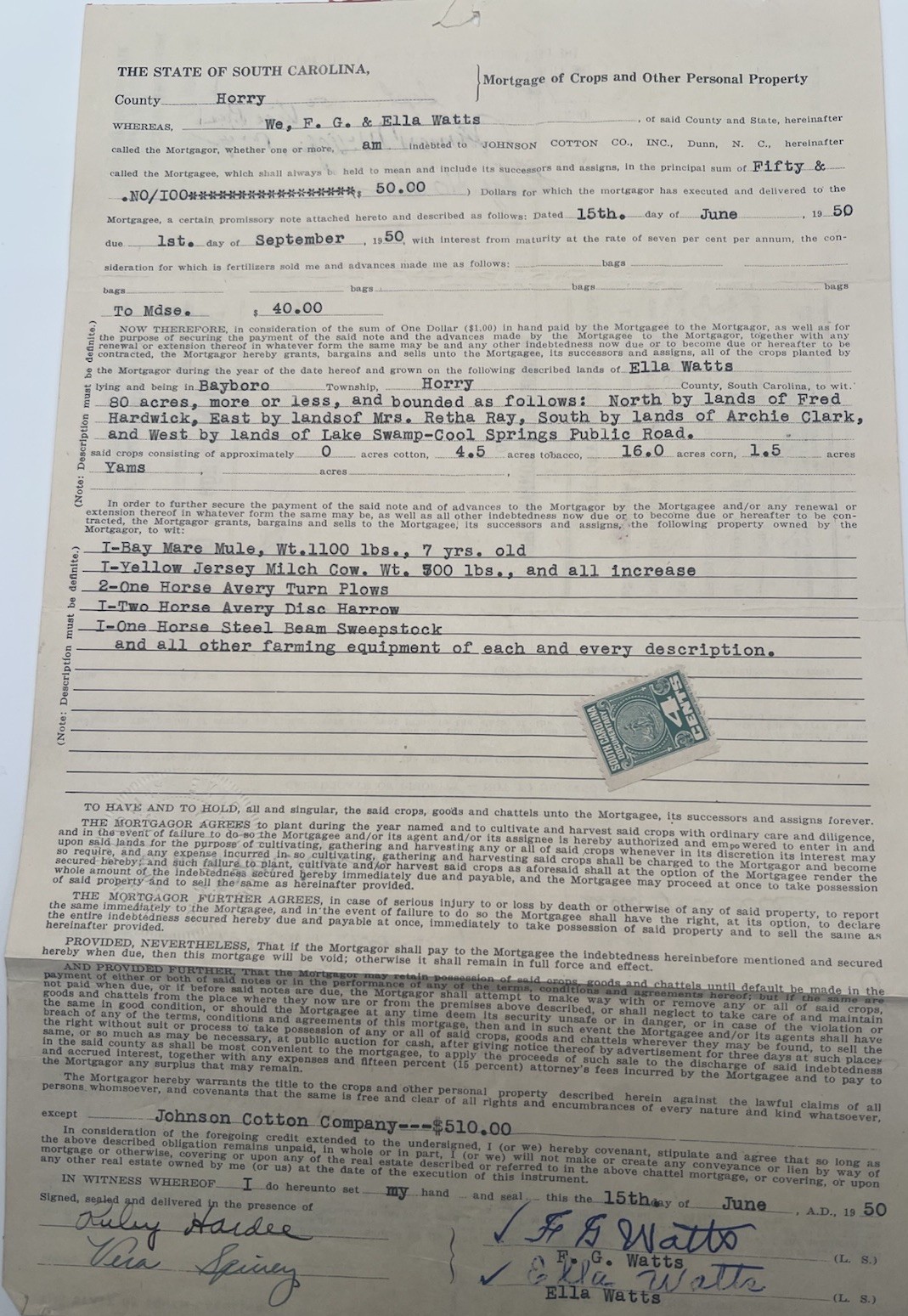 1950 SC Crop Mortgage Johnson Cotton Co Mule Cow Horry County # 1154