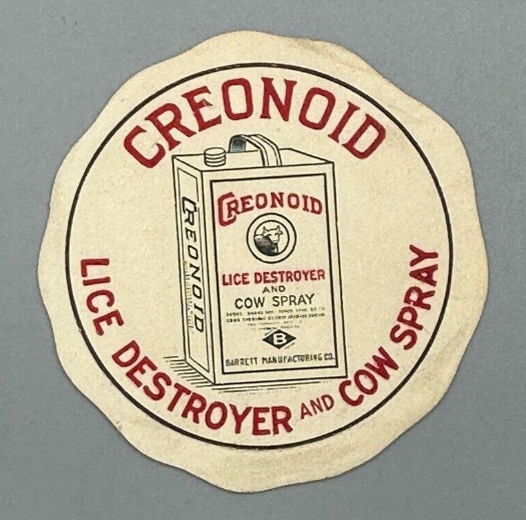 Vintage CREONOID Lice COW SPRAY Barrett FARM Advertising POSTER STAMP Sticker