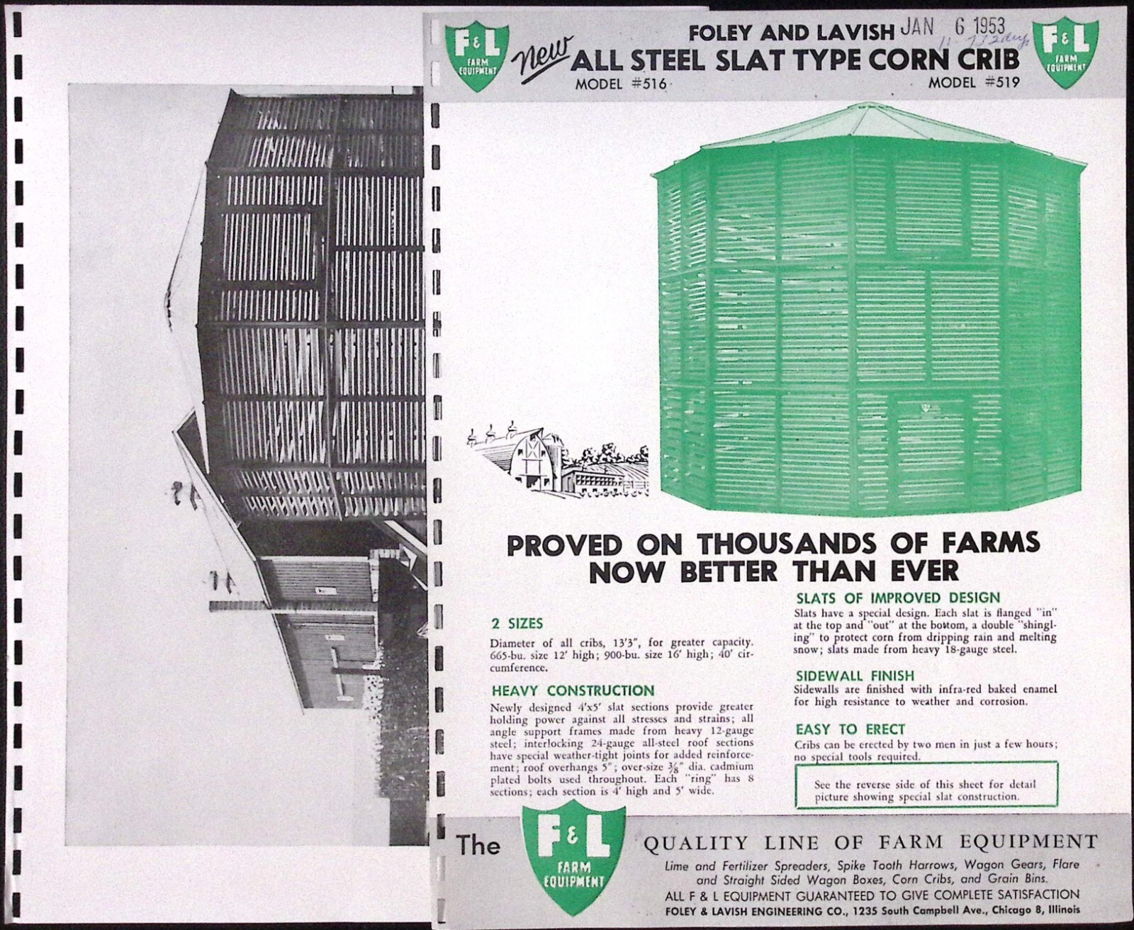 1953 Foley & Lavish All Steel Slat Type Corn Crib Model 519 Brochure Chicago IL