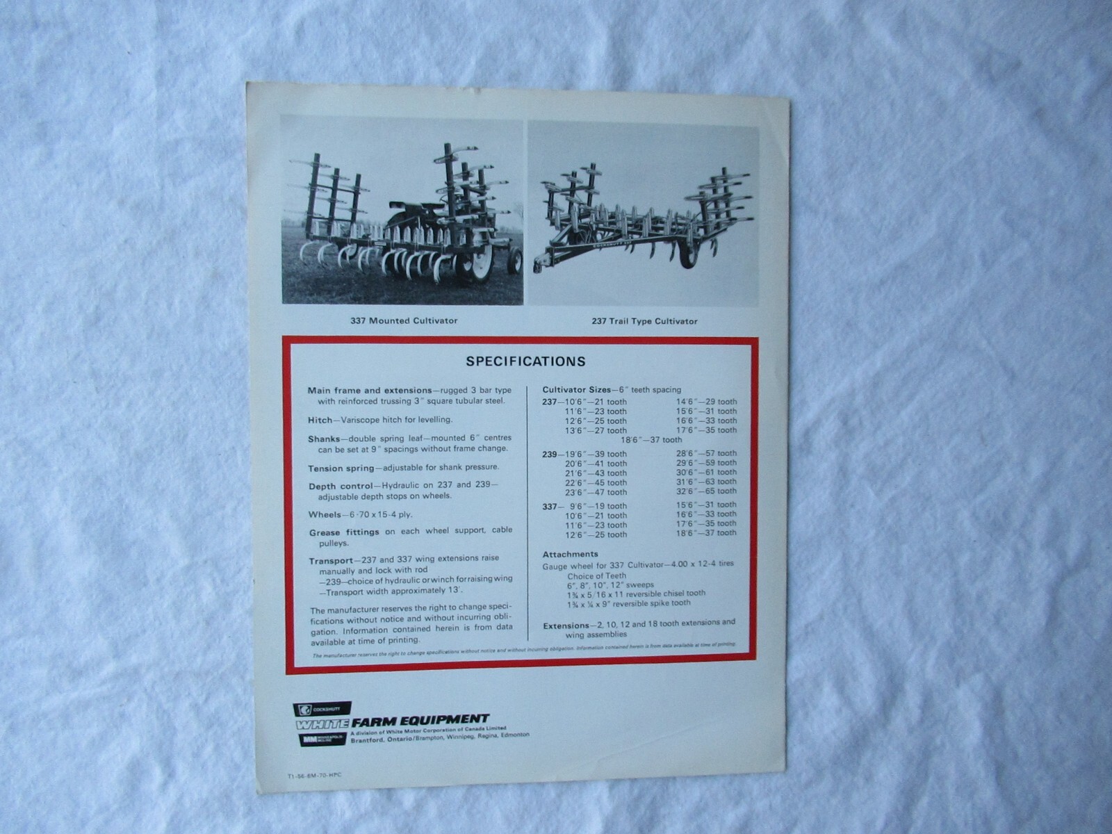 Cockshutt 237 239 337 field cultivators sales brochure factory original 4 pages