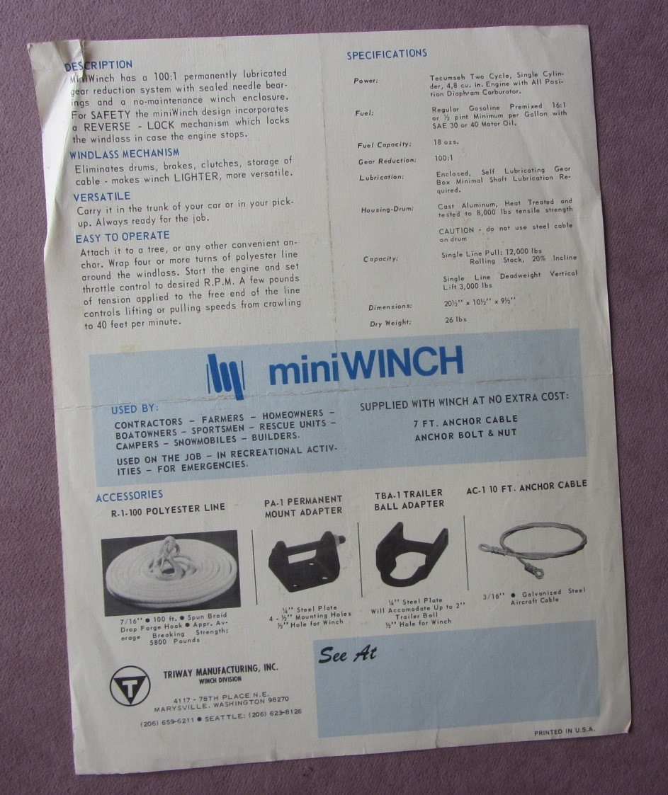 c1970s Mini Winch Model T-3000 Sales Brochure Specs by Triway Mfg Marysville WA