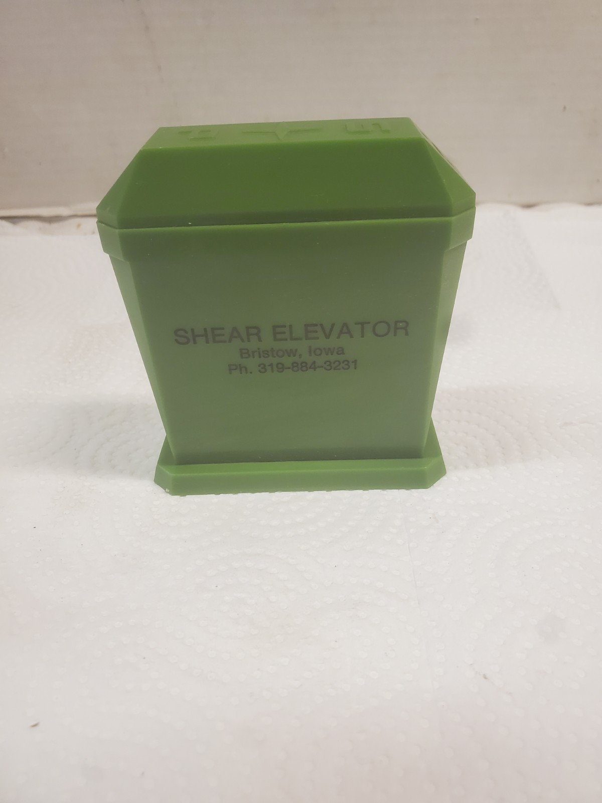 Green Plastic Salt & Pepper Shaker Shear Elevator Bristow Iowa Grain Feed