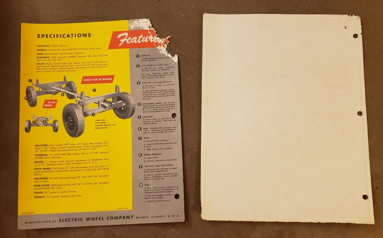 VINTAGE 1950s Electric Timken Bearing Farm Wagon Advertising Literature Brochure