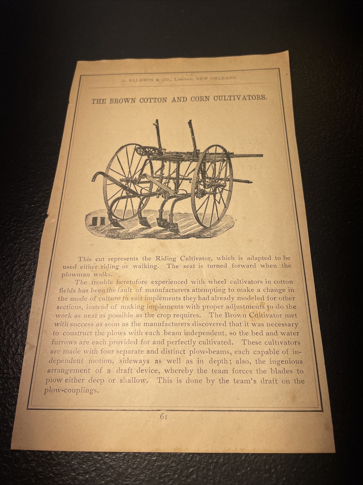 1891 Baldwin – Brown Cotton & Corn Cultivator Farm Advertising – New Orleans