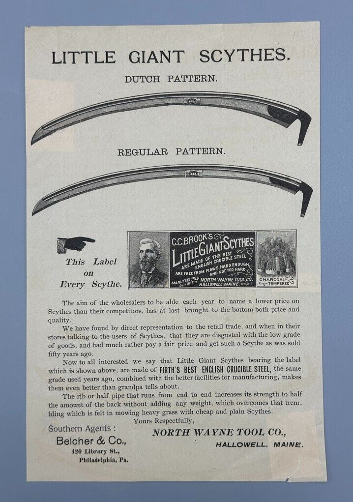 c1900 LITTLE GIANT SCYTHE Farm Advertise NORTH WAYNE TOOL Broadside HALLOWELL ME