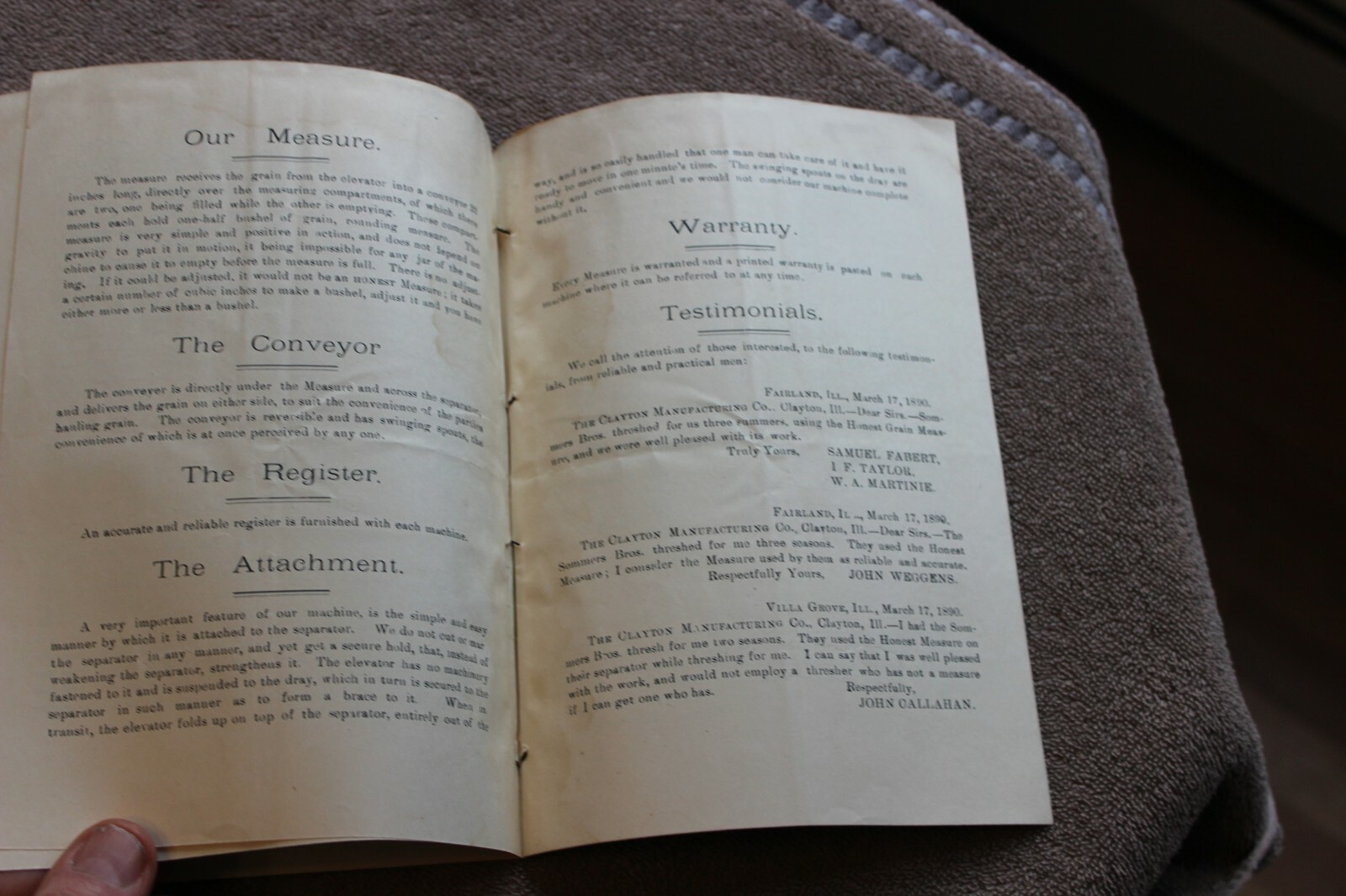1891 Clayton Mfg. Co. Honest Automatic Grain Measure farming brochure