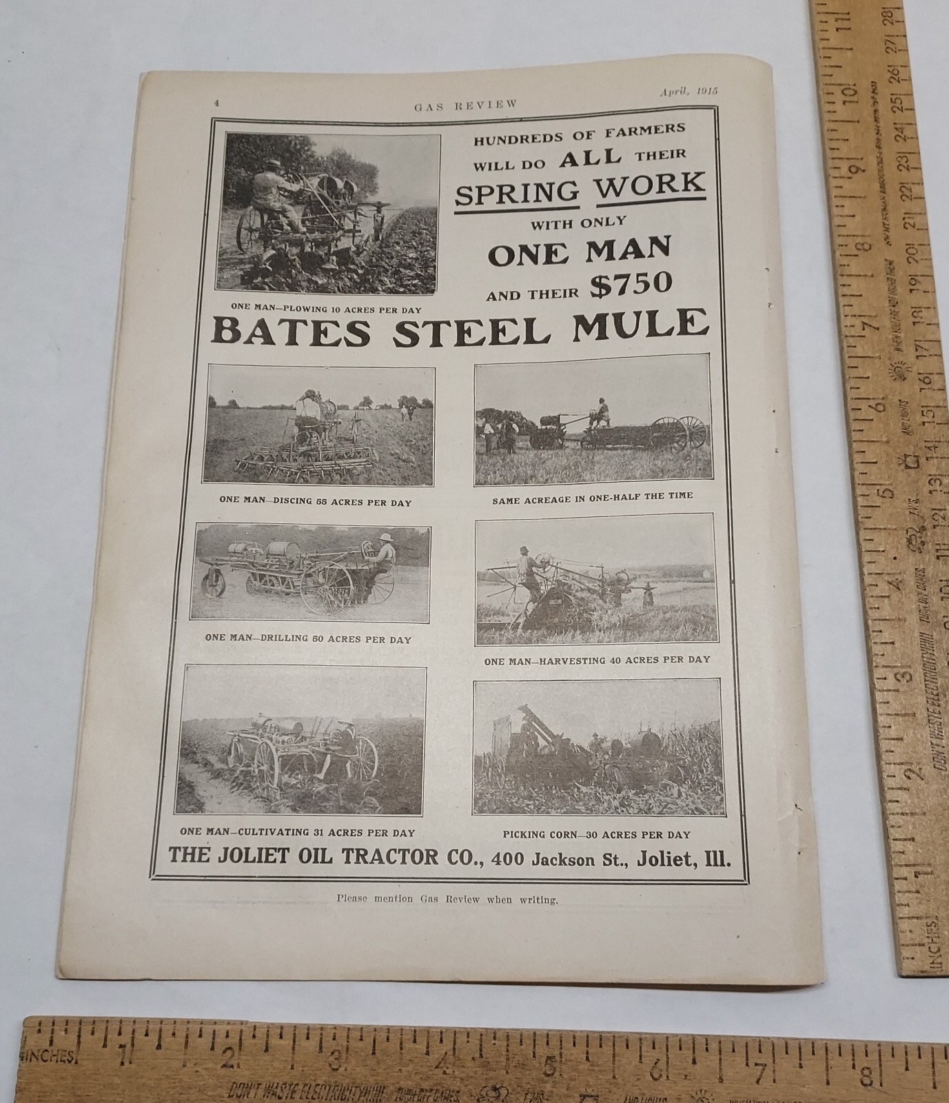 1915 – BATES STEEL MULE – THE JOLIET OIL TRACTOR CO – magazine ad -listing #5822