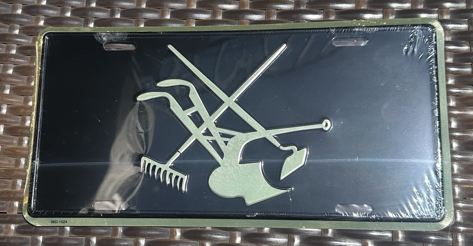 Vintage Farmers Union Embossed Metal Sign Plate Plow Rake Hoe NOS