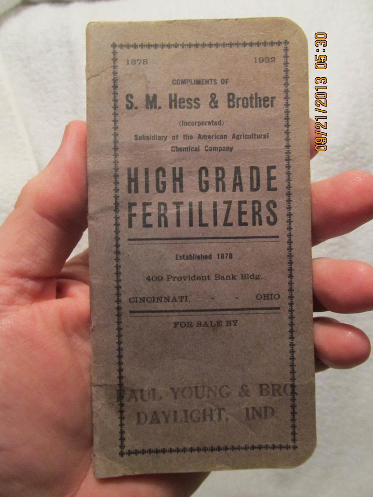 1922 Memo Book S.M. Hess & Brother Fertilizers Daylight IN Paul Young & Brother